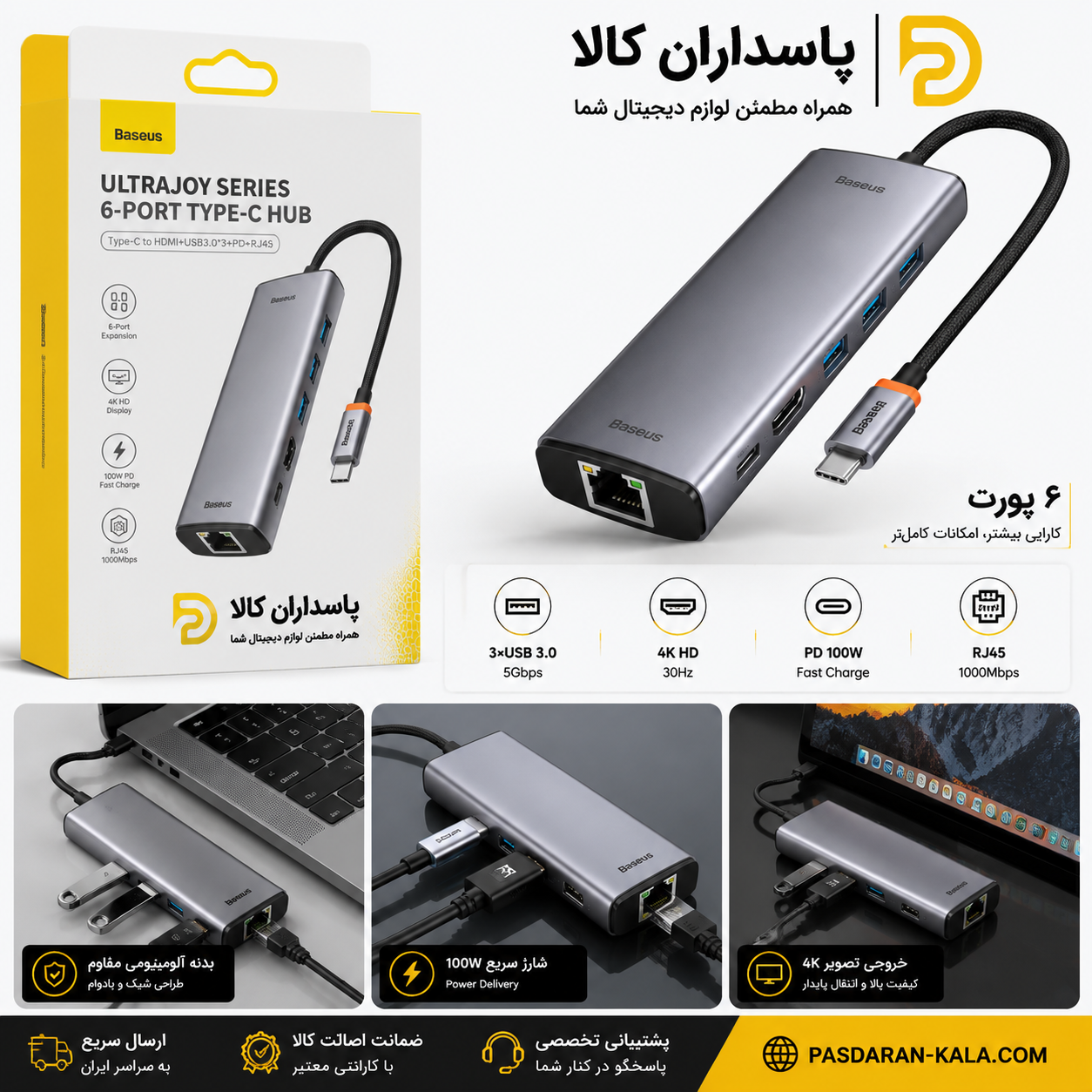 هاب USB-C باسئوس مدل Baseus B00052802811 ظرفیت ۶ پورت