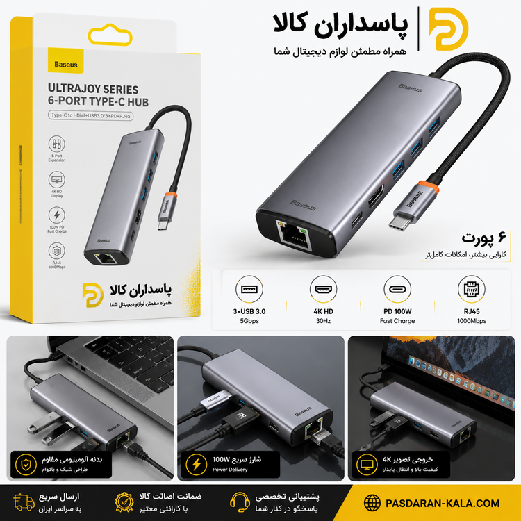 هاب USB-C باسئوس مدل Baseus B00052802811 ظرفیت ۶ پورت