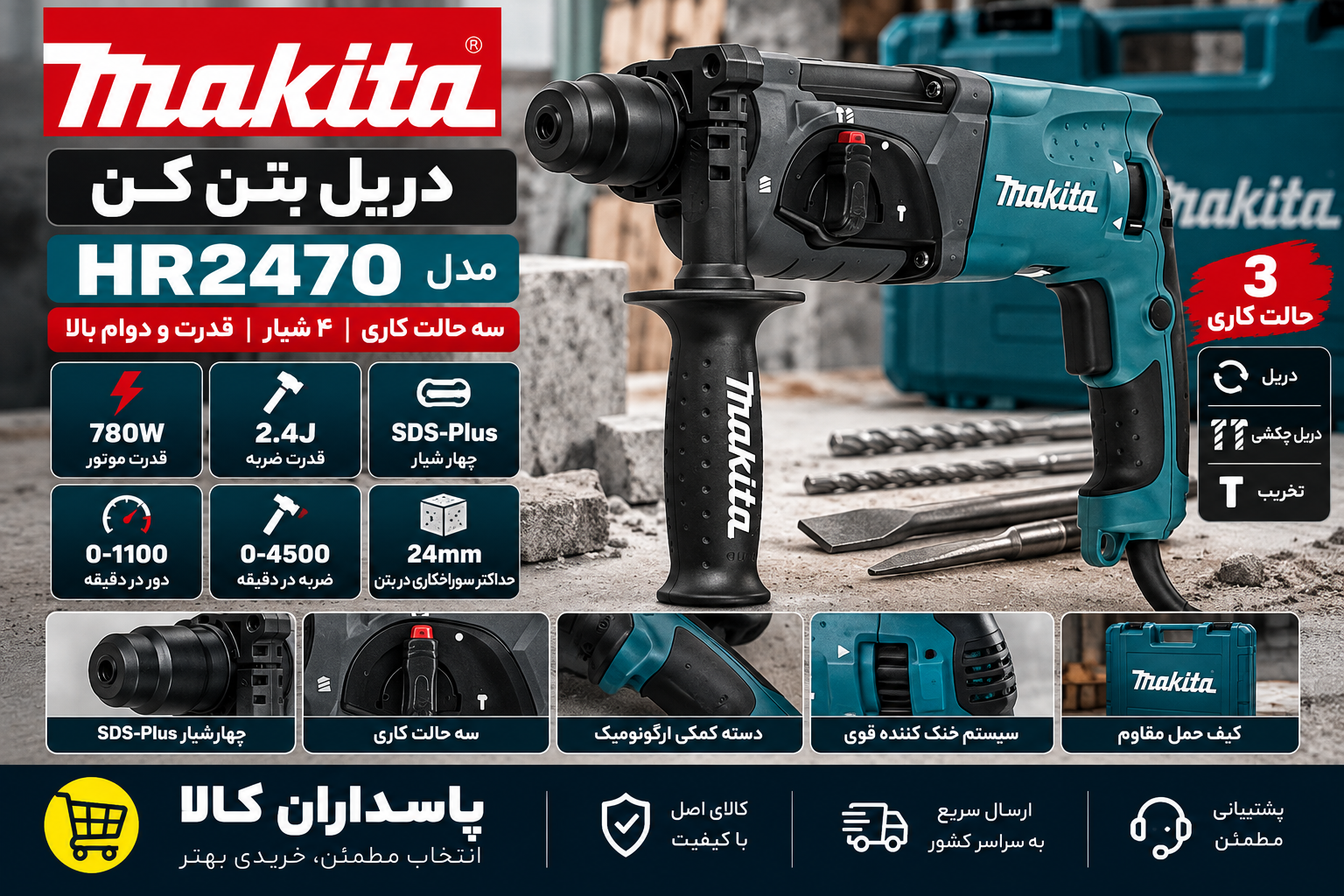دریل بتن کن ماکیتا مدل HR2470 ظرفیت ۳ کیلوگرم با ۴ شیار