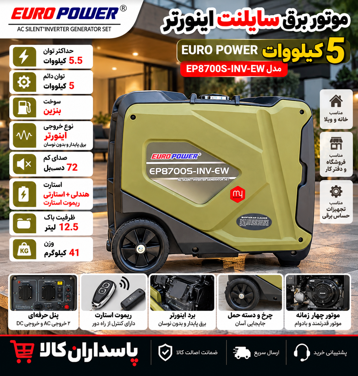 موتور برق سایلنت اینورتر 5 کیلووات یورو پاور مدل EP8700S INV EW